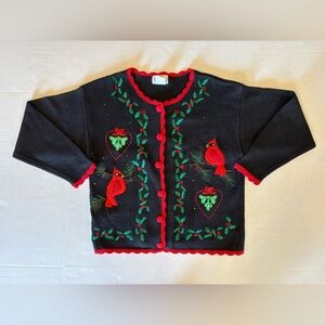 Vintage Basic Editions Holiday Christmas Cardinal black cardigan size medium